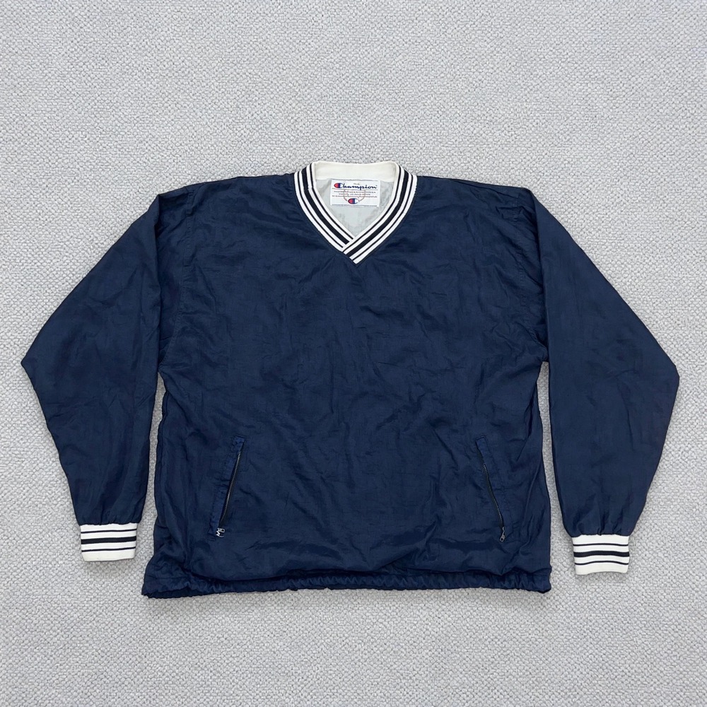 Vintage Champion V-Neck Pullover Windbreaker Navy Striped Streetwear Men's XL
